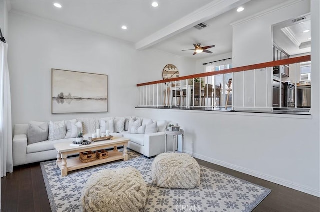 25839 Cypress St Unit B, Lomita, CA 90717 - living room featuring crown molding, ceiling fan, wood finished floors, beam ceiling, and recessed lighting