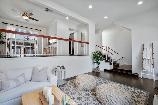 25839 Cypress St Unit B, Lomita, CA 90717 - living room with wood finished floors, stairs, a ceiling fan, recessed lighting, and ornamental molding
