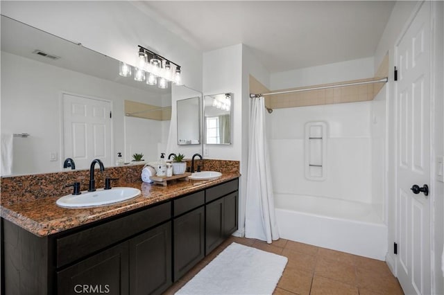 25839 Cypress St Unit B, Lomita, CA 90717 - bathroom featuring shower / bath combination with curtain, double vanity, and tile patterned flooring
