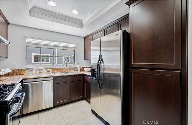 25839 Cypress St Unit B, Lomita, CA 90717 - kitchen with appliances with stainless steel finishes, a sink, light tile patterned floors, recessed lighting, and crown molding