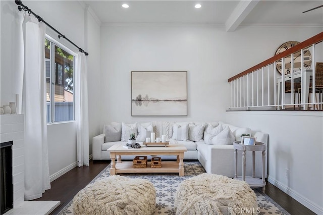25839 Cypress St Unit B, Lomita, CA 90717 - living area featuring dark wood finished floors, recessed lighting, ornamental molding, baseboards, and a fireplace
