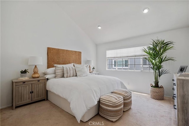 25839 Cypress St Unit B, Lomita, CA 90717 - bedroom with light carpet, vaulted ceiling, recessed lighting, and baseboards