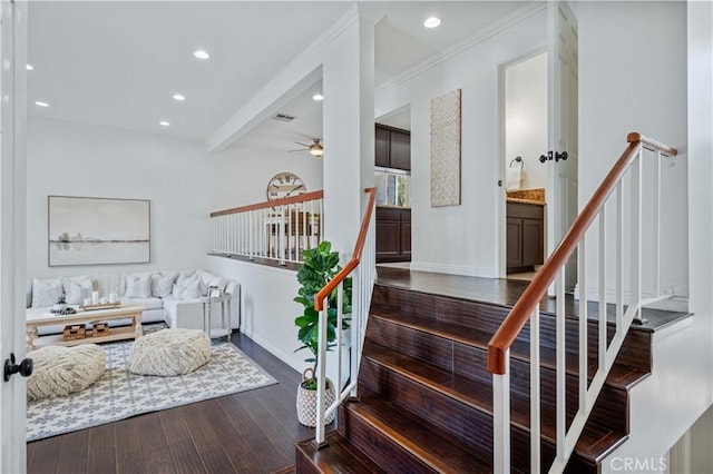 25839 Cypress St Unit B, Lomita, CA 90717 - staircase with wood finished floors, recessed lighting, baseboards, ceiling fan, and crown molding