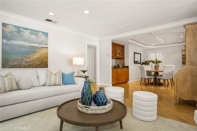 13061 Rosalind Dr, North Tustin, CA 92705 - living area with recessed lighting, light wood-type flooring, and ornamental molding