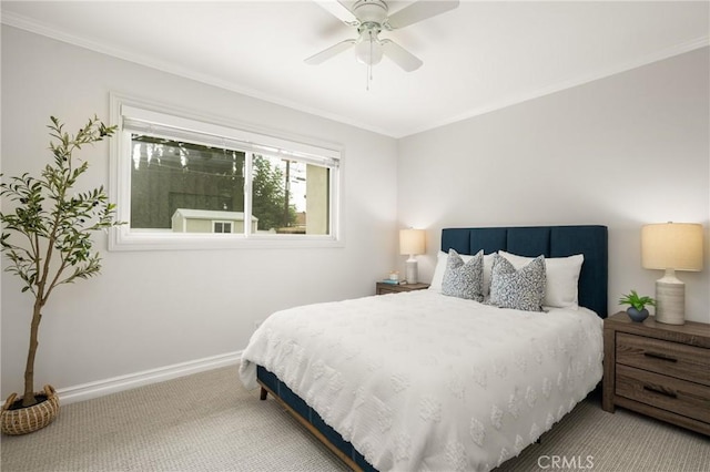 13061 Rosalind Dr, North Tustin, CA 92705 - bedroom featuring carpet, baseboards, ornamental molding, and a ceiling fan