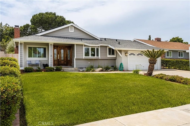 13061 Rosalind Dr, North Tustin, CA 92705 - ranch-style house featuring driveway, a front yard, a garage, a chimney, and a shingled roof