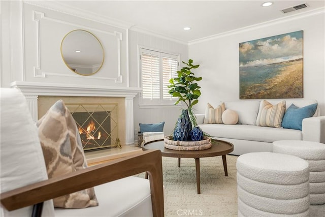 13061 Rosalind Dr, North Tustin, CA 92705 - living area featuring crown molding, a warm lit fireplace, and recessed lighting
