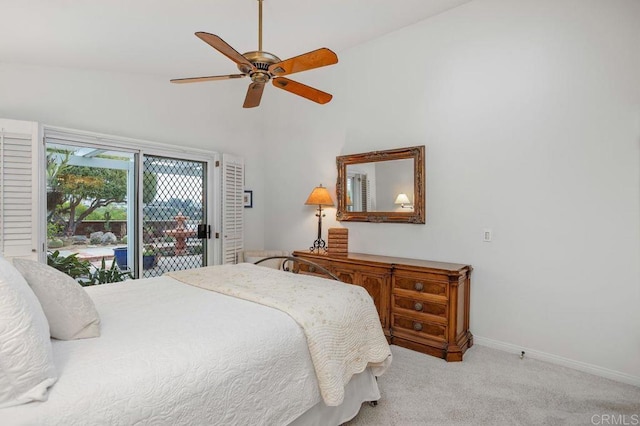 7414 Lantana, Carlsbad, CA 92011 - carpeted bedroom with access to outside, baseboards, ceiling fan, and high vaulted ceiling