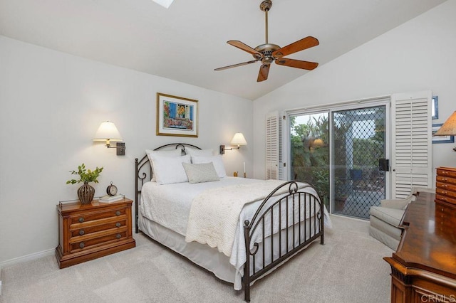 7414 Lantana, Carlsbad, CA 92011 - bedroom with access to exterior, light carpet, vaulted ceiling, and a ceiling fan