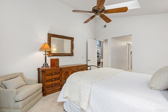 7414 Lantana, Carlsbad, CA 92011 - bedroom featuring light colored carpet, a ceiling fan, and high vaulted ceiling