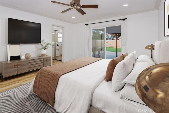 7710 Shoup Ave, West Hills, CA 91304 - bedroom featuring access to exterior, light wood-type flooring, crown molding, recessed lighting, and a ceiling fan