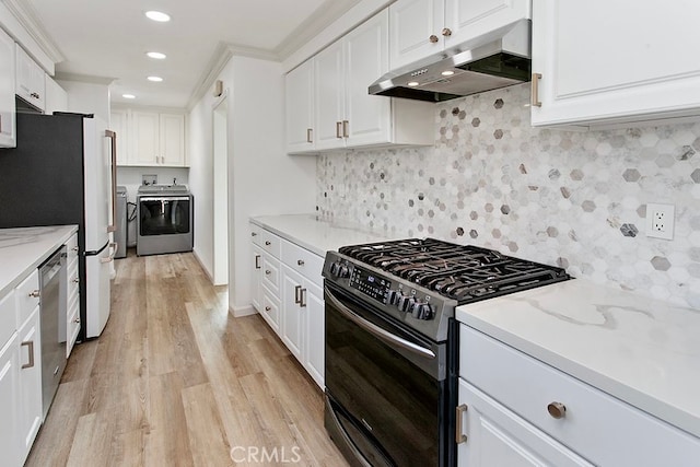 7710 Shoup Ave, West Hills, CA 91304 - kitchen featuring under cabinet range hood, range with gas stovetop, recessed lighting, white cabinetry, and light wood-type flooring