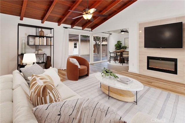 7710 Shoup Ave, West Hills, CA 91304 - living room featuring wooden ceiling with exposed beams, wood finished floors, ceiling fan, a large fireplace, and high vaulted ceiling