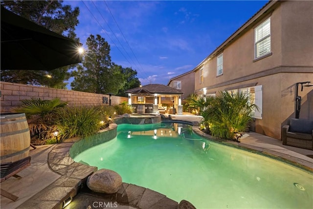 5239 Jade Ct, Lancaster, CA 93536 - view of swimming pool featuring a gazebo, a fenced backyard, a pool with connected hot tub, and a patio