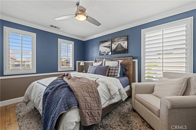 5239 Jade Ct, Lancaster, CA 93536 - bedroom featuring hardwood / wood-style flooring, ornamental molding, and a ceiling fan