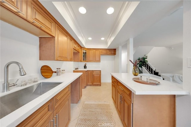 187 S Catalina Ave Unit 4, Pasadena, CA 91106 - kitchen with a sink, a raised ceiling, light tile patterned flooring, ornamental molding, and recessed lighting