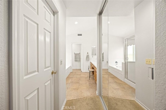 5787 Blackbird Ln, La Verne, CA 91750 - bathroom featuring vanity, a bath, a shower stall, tile patterned floors, and baseboards