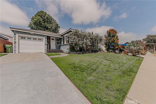 7704 Isis Ave, Los Angeles, CA 90045 - view of front of home featuring driveway, a front lawn, an attached garage, and stone siding
