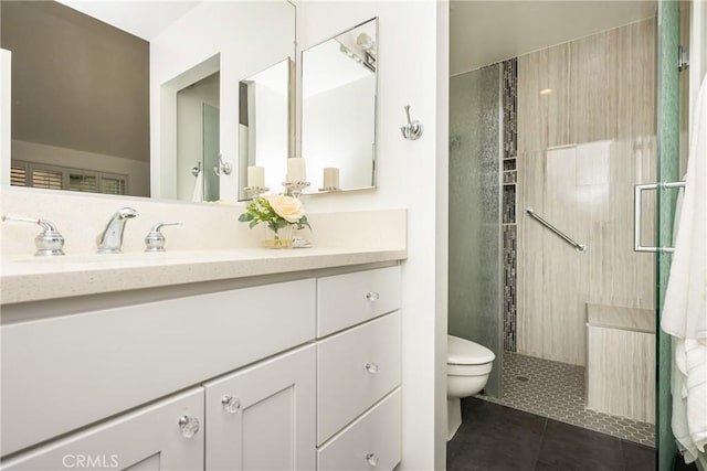2726 Torrey Pine Dr Unit 12, Fullerton, CA 92835 - full bathroom with toilet, vanity, a tile shower, and tile patterned floors