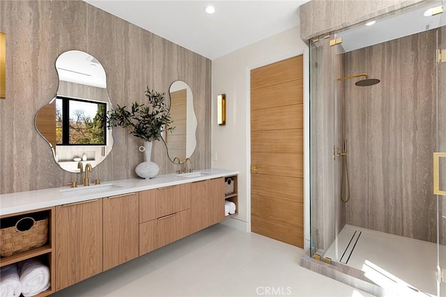 22640 Clarendon St, Woodland Hills, CA 91367 - bathroom featuring a stall shower, double vanity, and recessed lighting