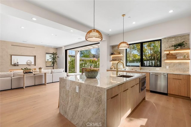 22640 Clarendon St, Woodland Hills, CA 91367 - kitchen with stainless steel appliances, modern cabinets, open shelves, light wood-style flooring, and recessed lighting