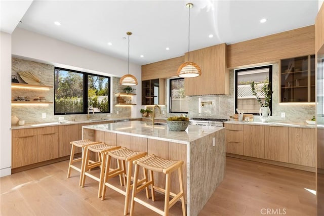 22640 Clarendon St, Woodland Hills, CA 91367 - kitchen with modern cabinets, light brown cabinets, open shelves, decorative backsplash, and recessed lighting