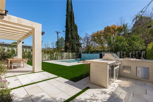 22640 Clarendon St, Woodland Hills, CA 91367 - fenced backyard with area for grilling, a patio, and a pergola