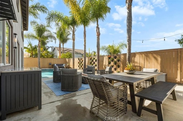 4326 Forest Ranch Rd, Oceanside, CA 92057 - fenced backyard with a patio, outdoor dining area, and outdoor lounge area
