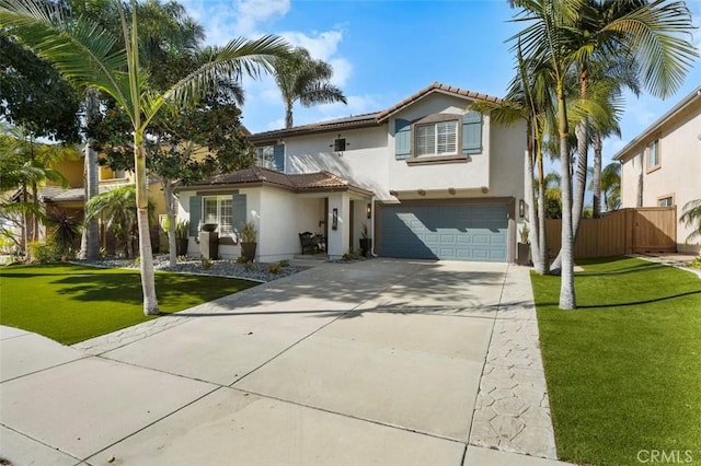 4326 Forest Ranch Rd, Oceanside, CA 92057 - mediterranean / spanish house featuring stucco siding, driveway, an attached garage, and a tile roof