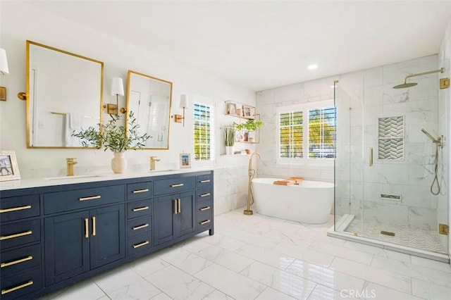 4326 Forest Ranch Rd, Oceanside, CA 92057 - bathroom with a marble finish shower, marble finish flooring, a freestanding bath, double vanity, and tile walls