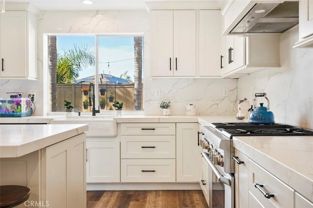 4326 Forest Ranch Rd, Oceanside, CA 92057 - kitchen featuring high end stainless steel range, wall chimney exhaust hood, a sink, backsplash, and dark wood-style flooring