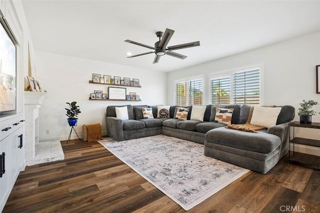4326 Forest Ranch Rd, Oceanside, CA 92057 - living room with dark wood finished floors, ceiling fan, and baseboards