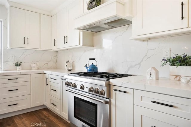 4326 Forest Ranch Rd, Oceanside, CA 92057 - kitchen featuring stainless steel range, premium range hood, decorative backsplash, and white cabinetry