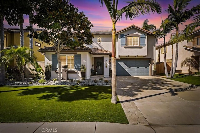 4326 Forest Ranch Rd, Oceanside, CA 92057 - view of front of property featuring an attached garage, driveway, stucco siding, a tiled roof, and a front lawn