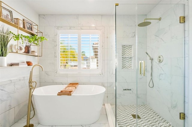 4326 Forest Ranch Rd, Oceanside, CA 92057 - full bath featuring tile walls, a marble finish shower, a freestanding tub, and marble finish floors