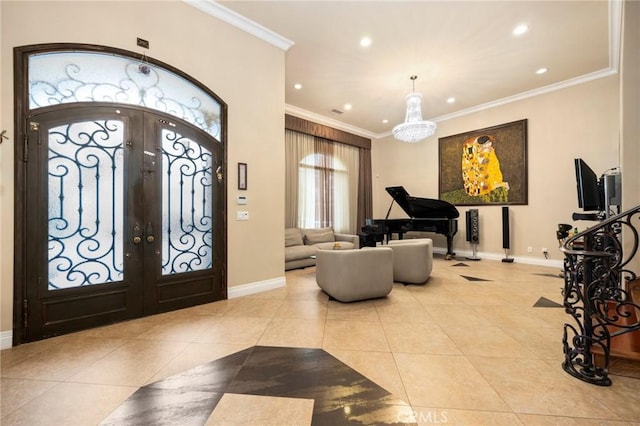 10610 Oak Tree Way, Sunland, CA 91040 - tiled entryway with french doors, recessed lighting, baseboards, ornamental molding, and a chandelier