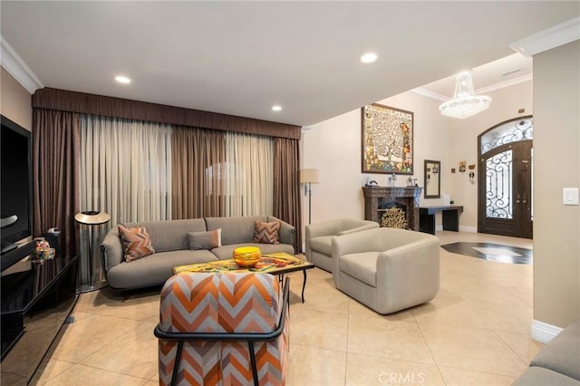 10610 Oak Tree Way, Sunland, CA 91040 - living room with crown molding, light tile patterned flooring, recessed lighting, and baseboards