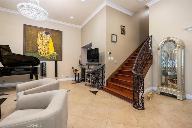 10610 Oak Tree Way, Sunland, CA 91040 - tiled living room featuring a chandelier, crown molding, stairway, baseboards, and recessed lighting