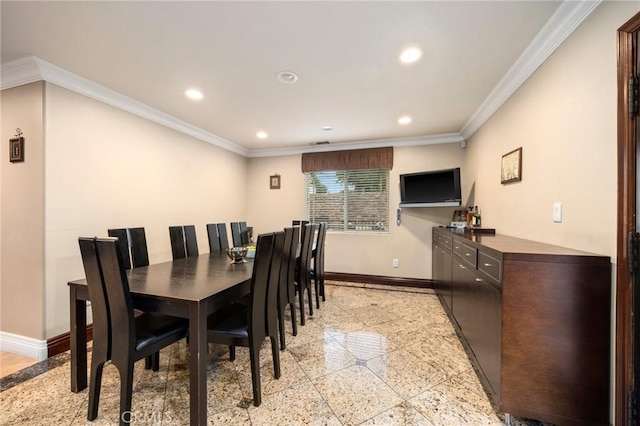10610 Oak Tree Way, Sunland, CA 91040 - dining area featuring baseboards, granite floors, recessed lighting, and crown molding