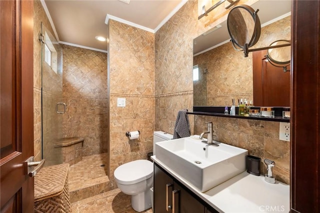 10610 Oak Tree Way, Sunland, CA 91040 - bathroom with tile walls, ornamental molding, toilet, a tile shower, and vanity