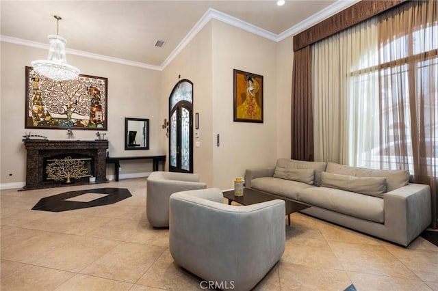 10610 Oak Tree Way, Sunland, CA 91040 - living room featuring light tile patterned floors, ornamental molding, baseboards, a chandelier, and recessed lighting