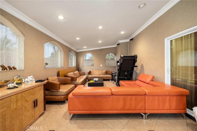 10610 Oak Tree Way, Sunland, CA 91040 - living room featuring recessed lighting, ornamental molding, and light tile patterned flooring