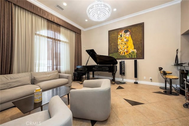 10610 Oak Tree Way, Sunland, CA 91040 - tiled living room featuring a chandelier, ornamental molding, baseboards, and recessed lighting