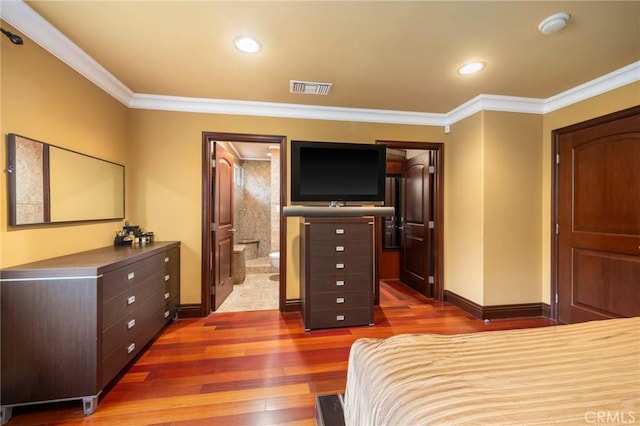 10610 Oak Tree Way, Sunland, CA 91040 - bedroom with wood finished floors, baseboards, ornamental molding, recessed lighting, and connected bathroom