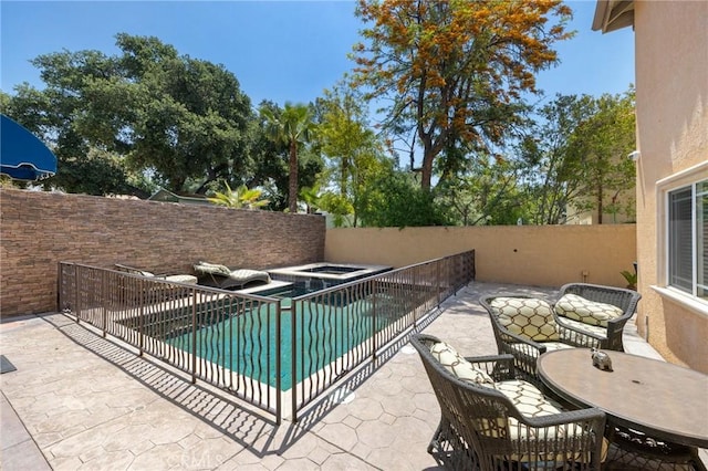 10610 Oak Tree Way, Sunland, CA 91040 - view of pool with a fenced backyard, a patio, an in-ground hot tub, and outdoor dining area