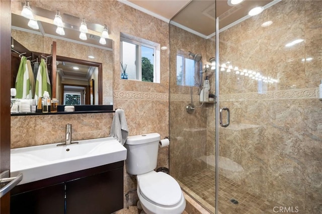 10610 Oak Tree Way, Sunland, CA 91040 - full bath featuring crown molding, tile walls, vanity, toilet, and a stall shower