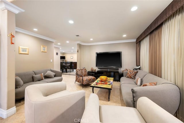 10610 Oak Tree Way, Sunland, CA 91040 - living area with light tile patterned flooring, crown molding, and recessed lighting
