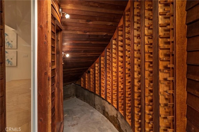 3141 Hillrose Dr, Rossmoor, CA 90720 - wine cellar with lofted ceiling, wood ceiling, and concrete flooring