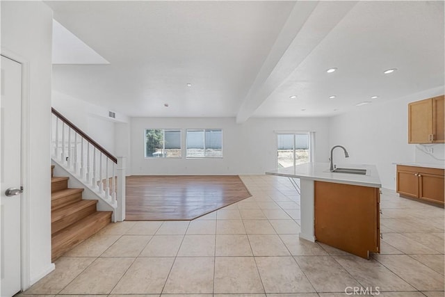 1568 Burns Ln, San Jacinto, CA 92335 - entrance foyer featuring light tile patterned floors, stairs, recessed lighting, and beamed ceiling