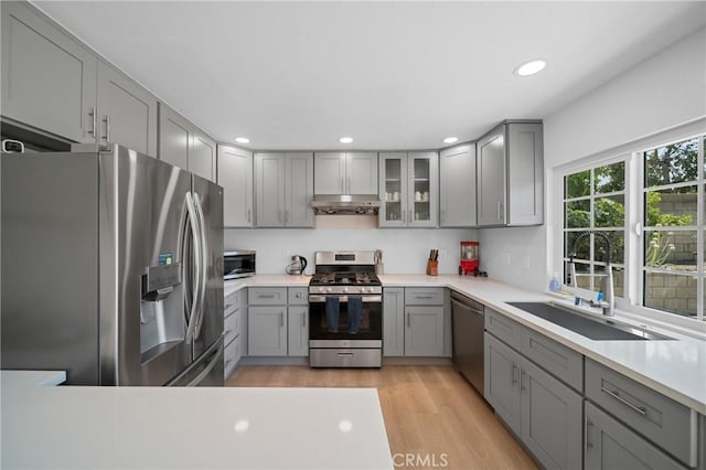 2215 Calmette Ave, Rowland Heights, CA 91748 - kitchen with appliances with stainless steel finishes, gray cabinetry, under cabinet range hood, light wood-type flooring, and light countertops